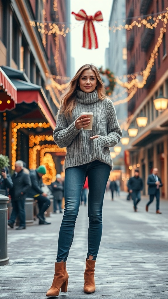 Festive Outfit Ideas for Christmas in New York A fashionable winter outfit in New York during Christmas, with festive lights and decorations.